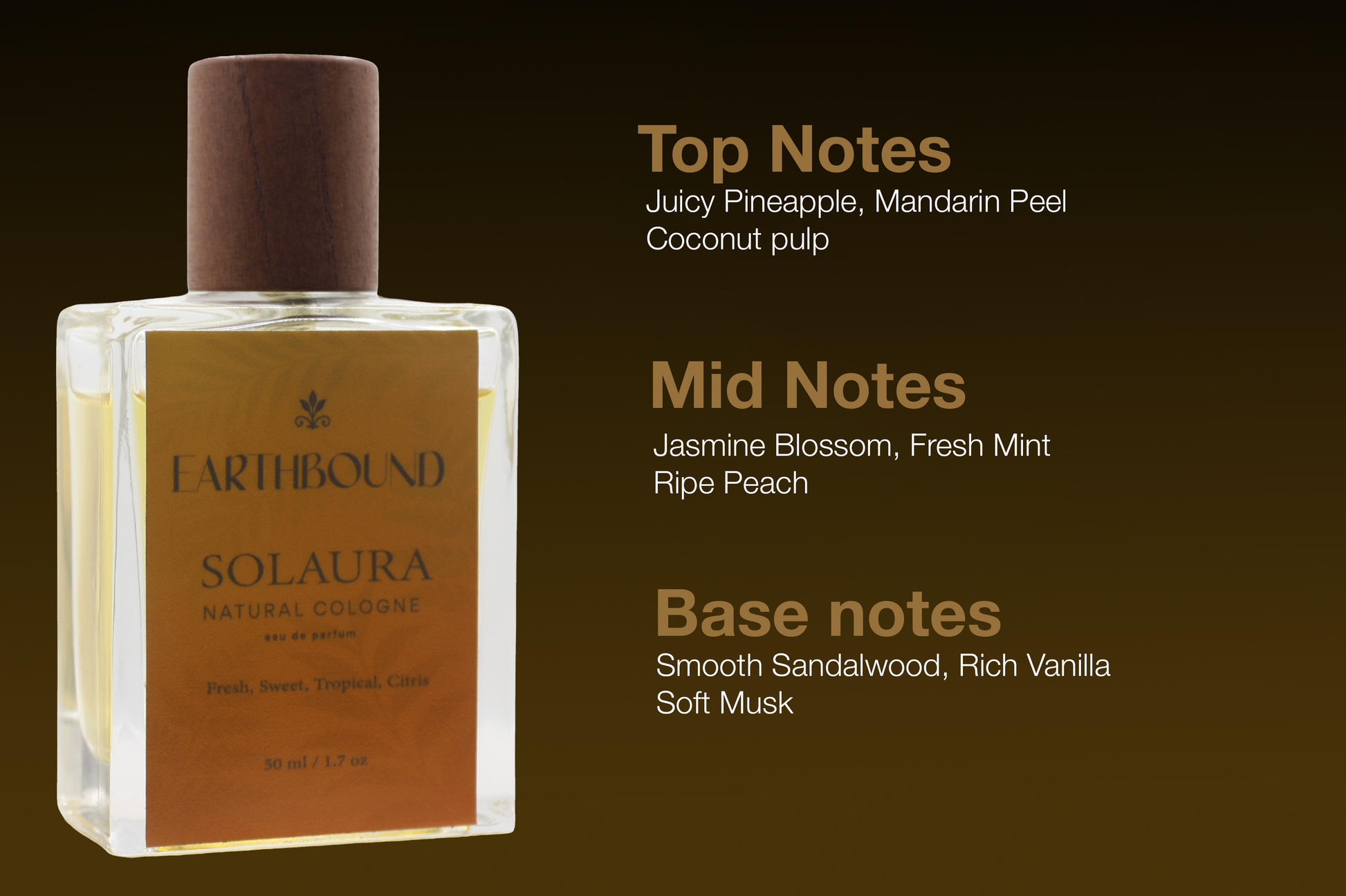 Solaura cologne bottle with fragrance notes listing top notes of juicy pineapple, mandarin peel and coconut pulp, mid notes of jasmine blossom, fresh mint and ripe peach, and base notes of smooth sandalwood, rich vanilla and soft musk on a brown background