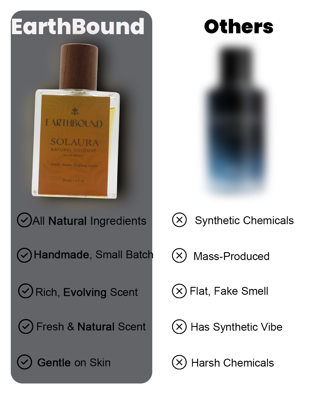 Comparison chart comparing EarthBound Solaura natural cologne to other colognes with points: all natural ingredients, handmade small batch, rich evolving scent, fresh natural scent, gentle on skin versus synthetic chemicals, mass-produced, flat fake smell, synthetic vibe, harsh chemicals