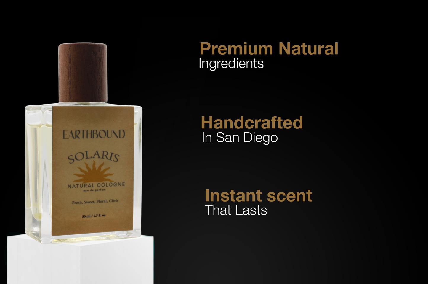 Infographic featuring Solaris cologne bottle with text 'Premium natural ingredients, handcrafted in San Diego, instant scent that lasts' on black background
