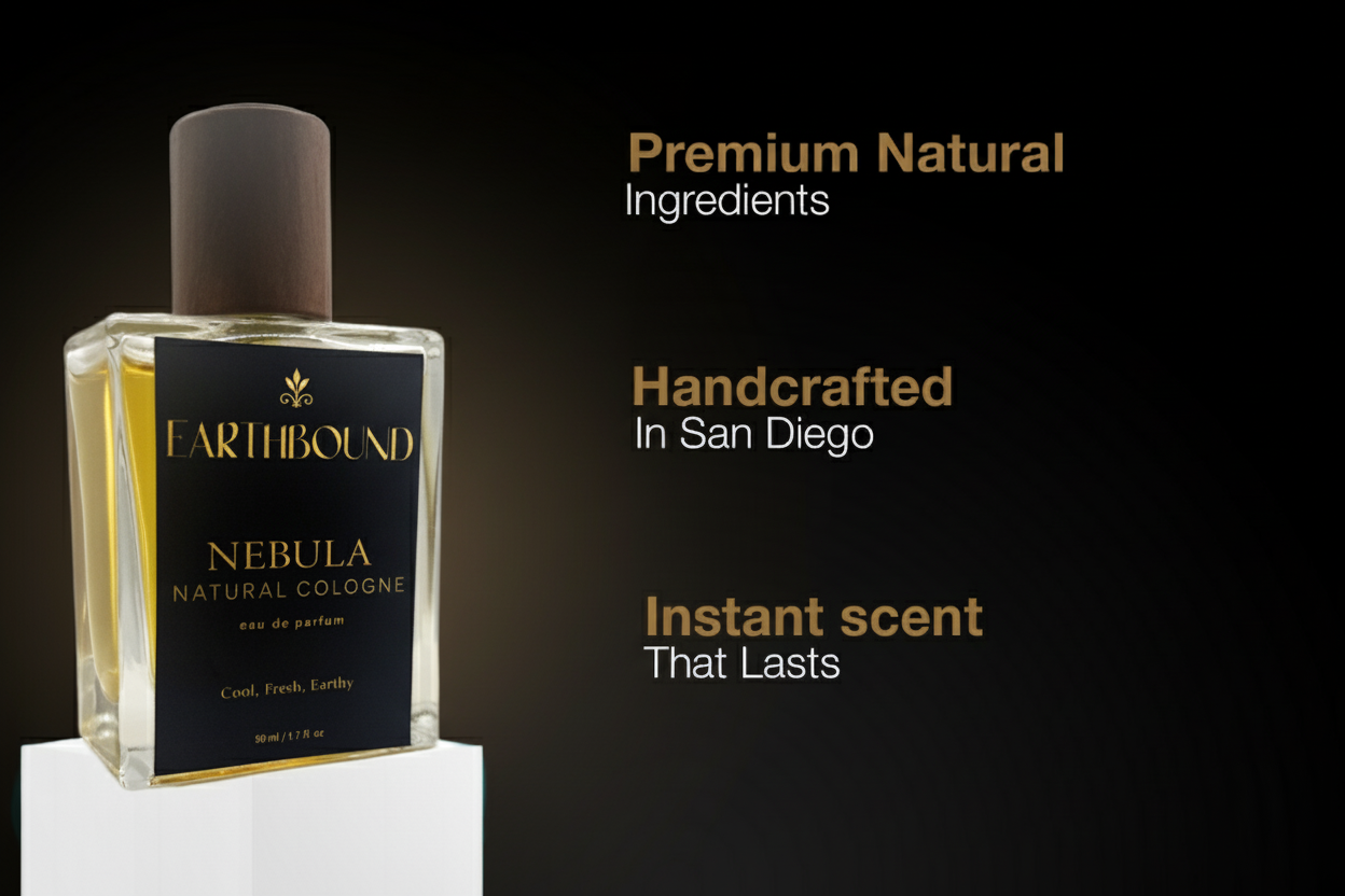 Infographic featuring Nebula natural cologne bottle on a black background with text highlighting premium natural ingredients, handcrafted in San Diego, and instant scent that lasts