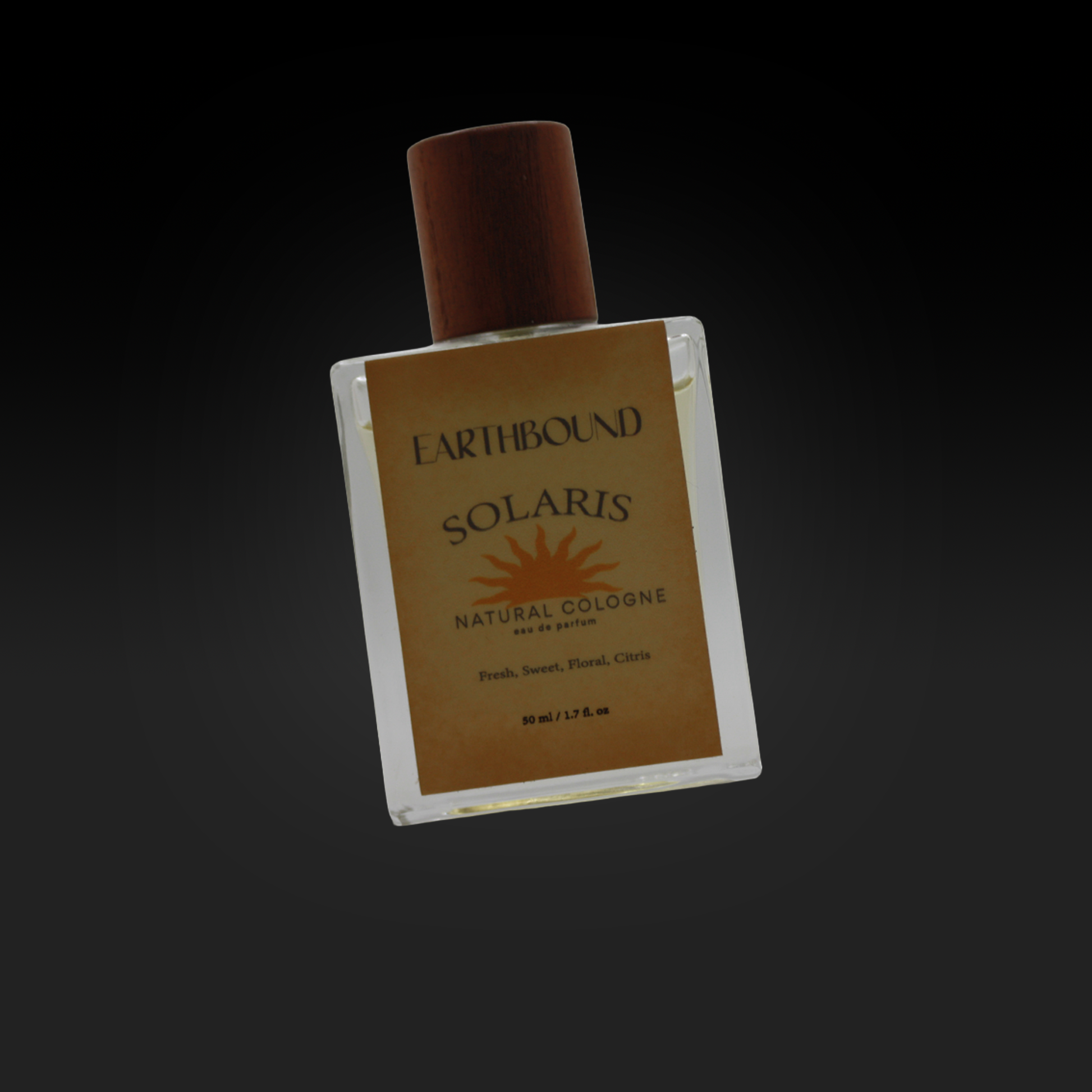 Solaris Eau de Parfum bottle natural cologne by Earthbound Scents on black background