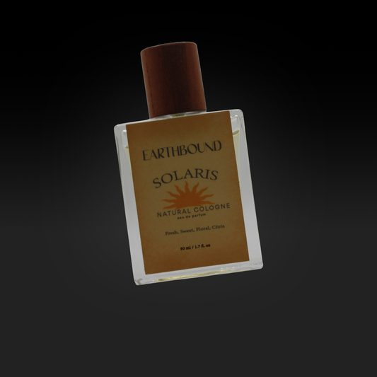 Solaris Eau de Parfum bottle natural cologne by Earthbound Scents on black background