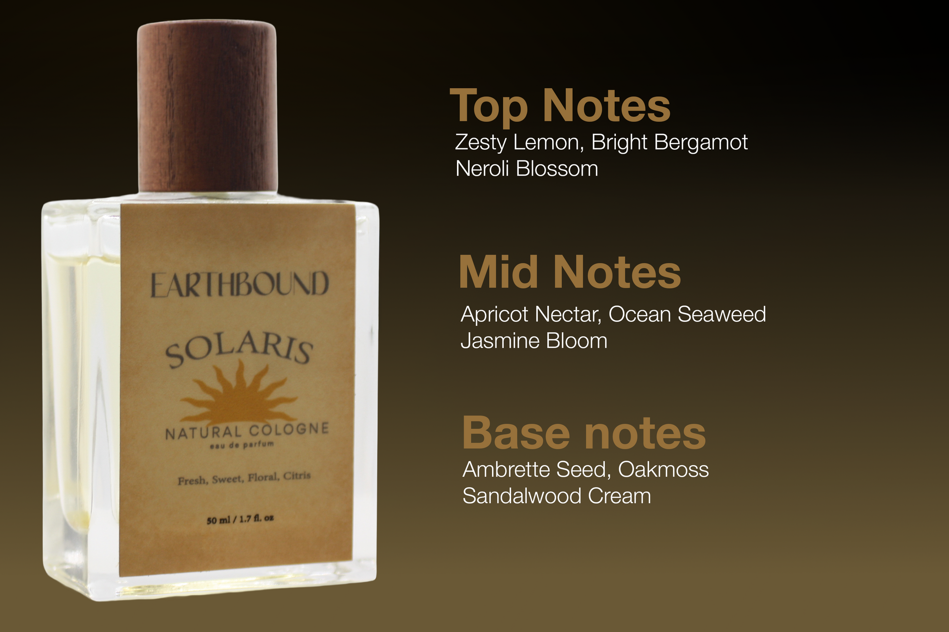 Solaris cologne bottle with fragrance notes chart: top notes zesty lemon, bright bergamot and neroli blossom; mid notes apricot nectar, ocean seaweed and jasmine bloom; base notes ambrette seed, oakmoss and sandalwood cream on a brown background