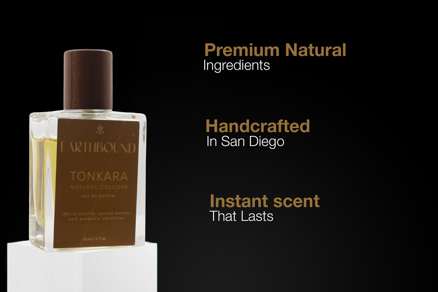 Infographic featuring Tonkaura cologne bottle with text 'Premium natural ingredients, handcrafted in San Diego, instant scent that lasts' on black background